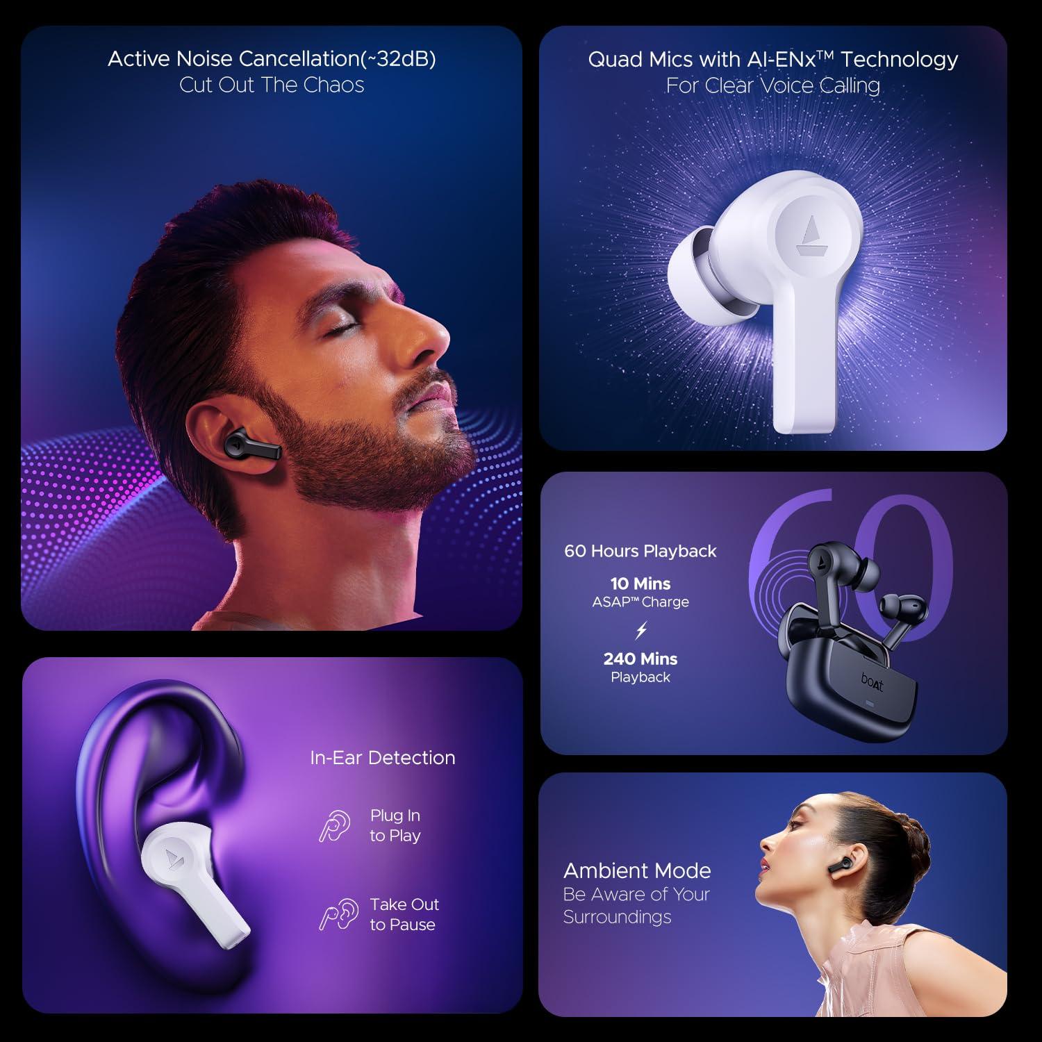 boAt Nirvana Lucid w/ 32 dB ANC, Multi-Point Connectivity, in-Ear Detection, 60HRS Playback, Hearables App, 4 Mics ENx, IPX5 Truly Wireless in Ear Earbuds, TWS Ear Buds - Nalanda Enterprises