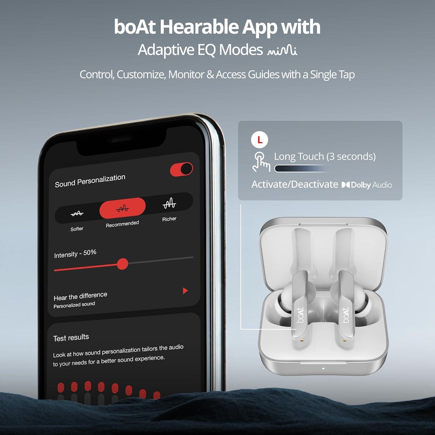 boAt Airdopes 800 True Wireless in Ear Ear Buds w/Dolby Audio, Adaptive EQ by Mimi, 40 Hours Playback, 4 Mics w/AI-ENx™, in-Ear Detection & Hearables App Support - Nalanda Enterprises