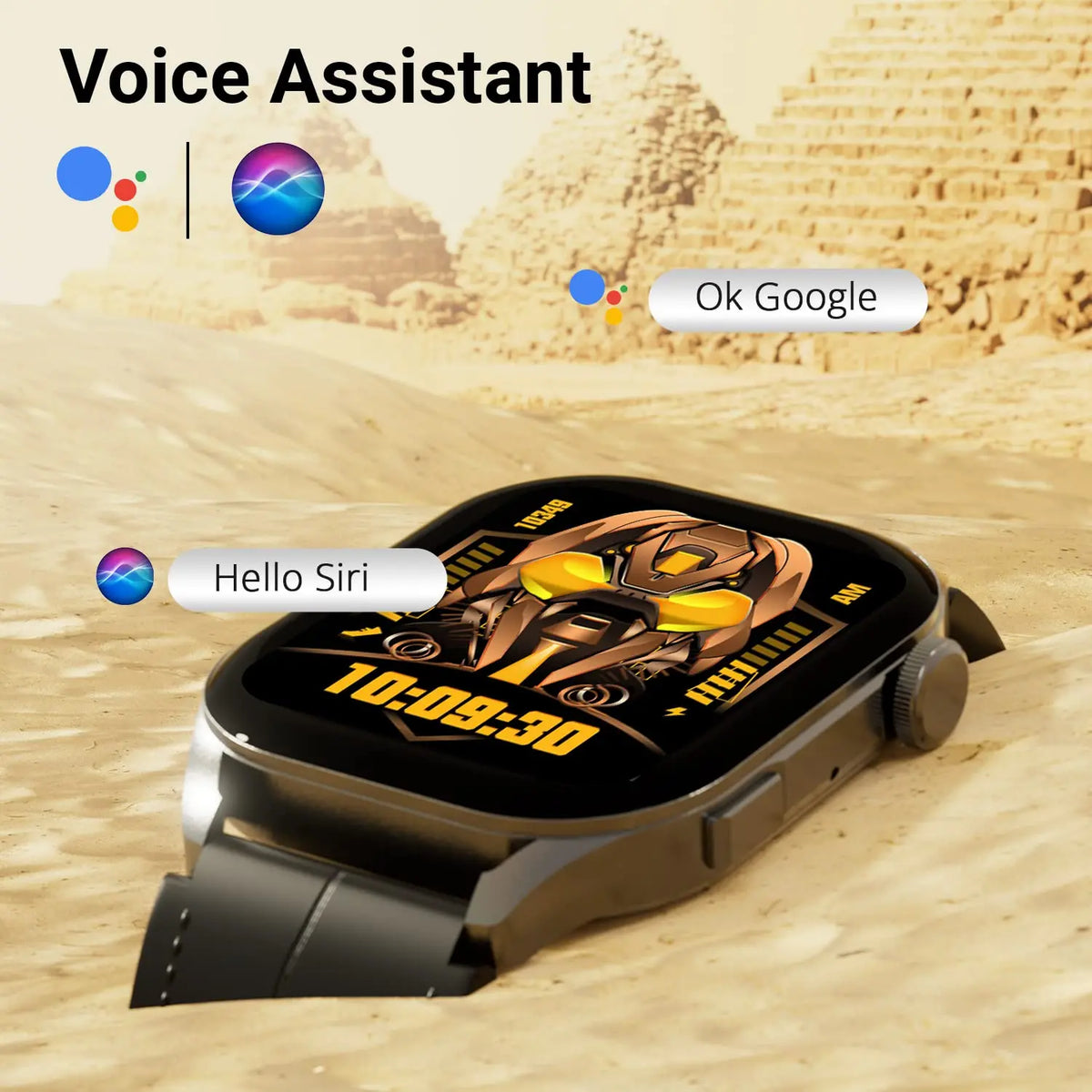 Smartwatch with voice assistant, digital robot face display, and Sahara desert pyramids background.