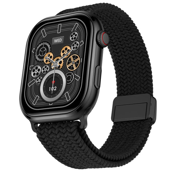 Black smart watch with braided strap and gear-themed display, sold by Nalanda Enterprises India