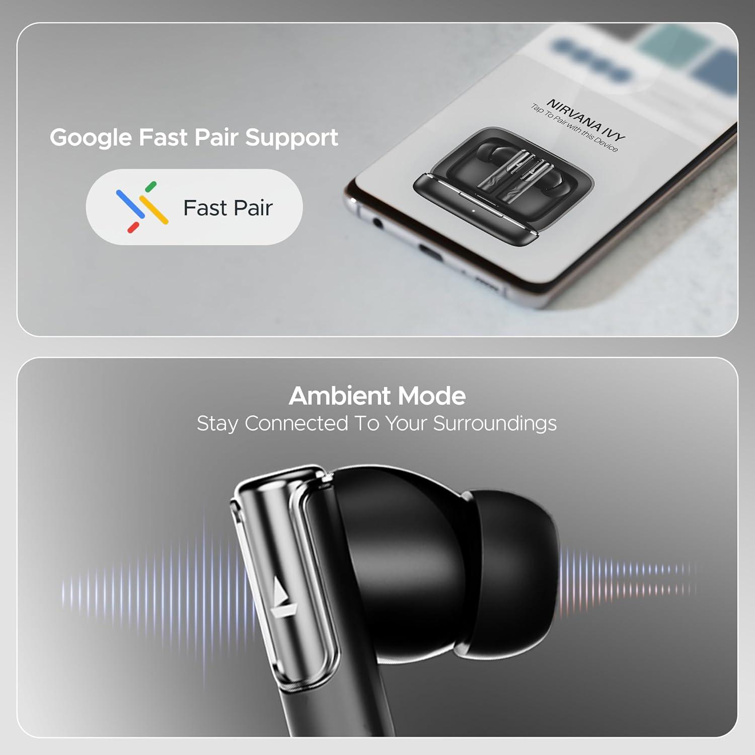 boAt Nirvana Ivy Truly Wireless in Ear Earbuds w/ 50dB Hybrid Active Noise Cancellation, 360º Spatial Audio, Dynamic Head Tracking,Hearables App Support & 50hrs Playback(Gunmetal Black) - Nalanda Enterprises