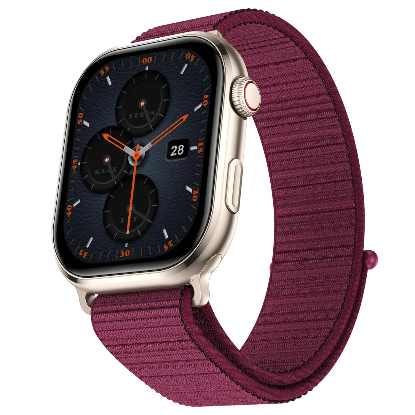Smartwatch with maroon strap and black dial, showcased by Nalanda Enterprises India