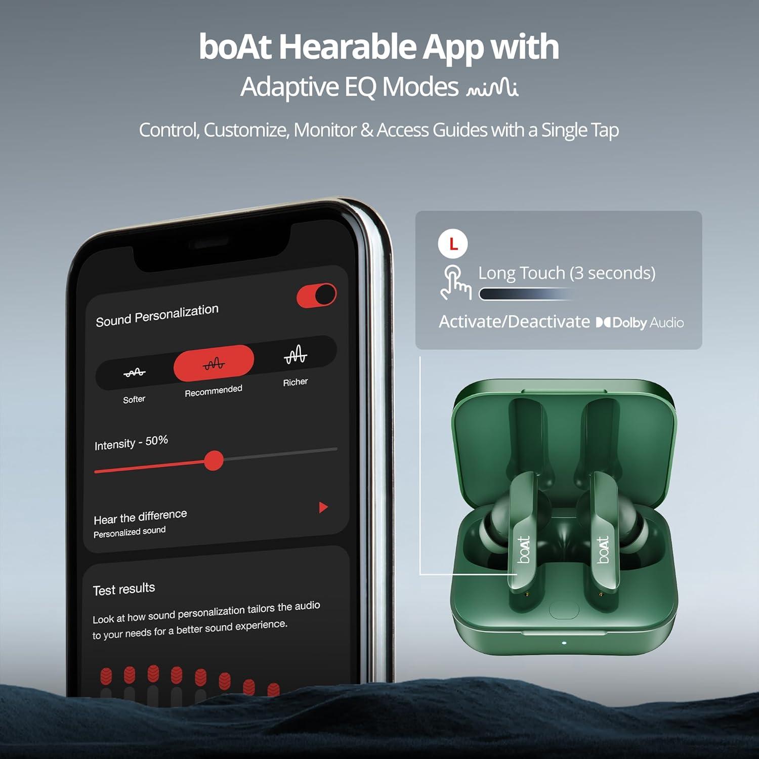 boAt Airdopes 800 True Wireless in Ear Ear Buds w/Dolby Audio, Adaptive EQ by Mimi, 40 Hours Playback, 4 Mics w/AI-ENx™, in-Ear Detection & Hearables App Support - Nalanda Enterprises