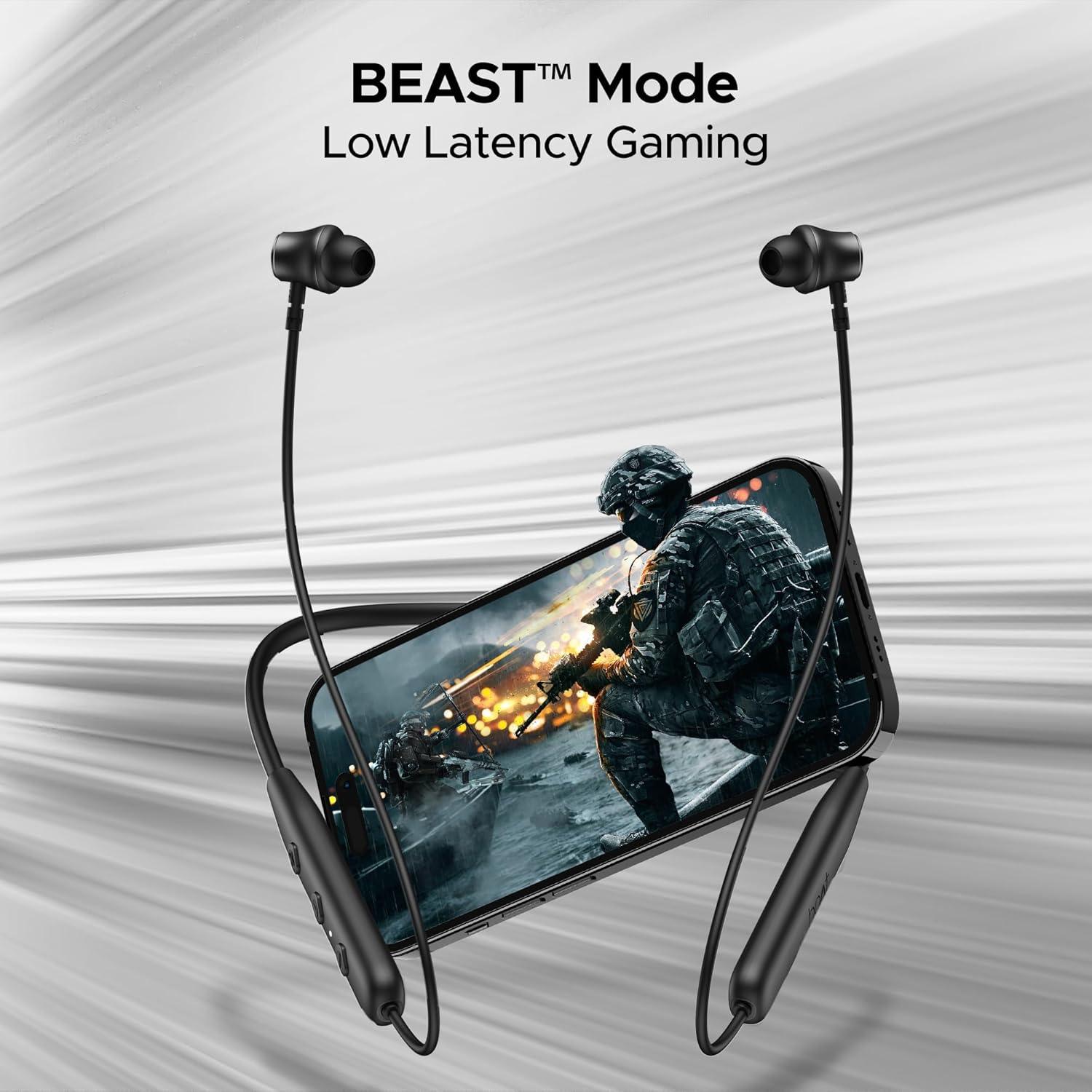 boAt Rockerz 111 Bluetooth Wireless Neckband with Up to 40 Hrs Playtime, Dual Device Pairing, Enx Tech, Beast Mode, ASAP Charging, Btv5.3, Ipx5,Type-C Interface & Magnetic in Ear Buds(Active Black) - Nalanda Enterprises