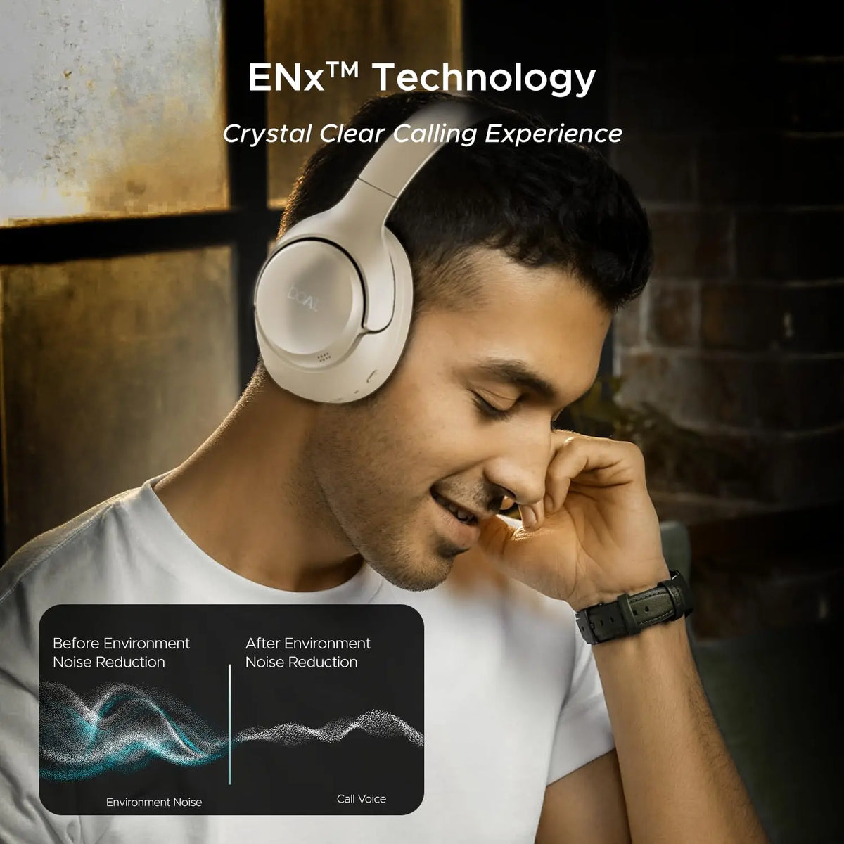 Man wearing Boat headphones with ENx technology for crystal clear calling, featured by Nalanda Enterprises.