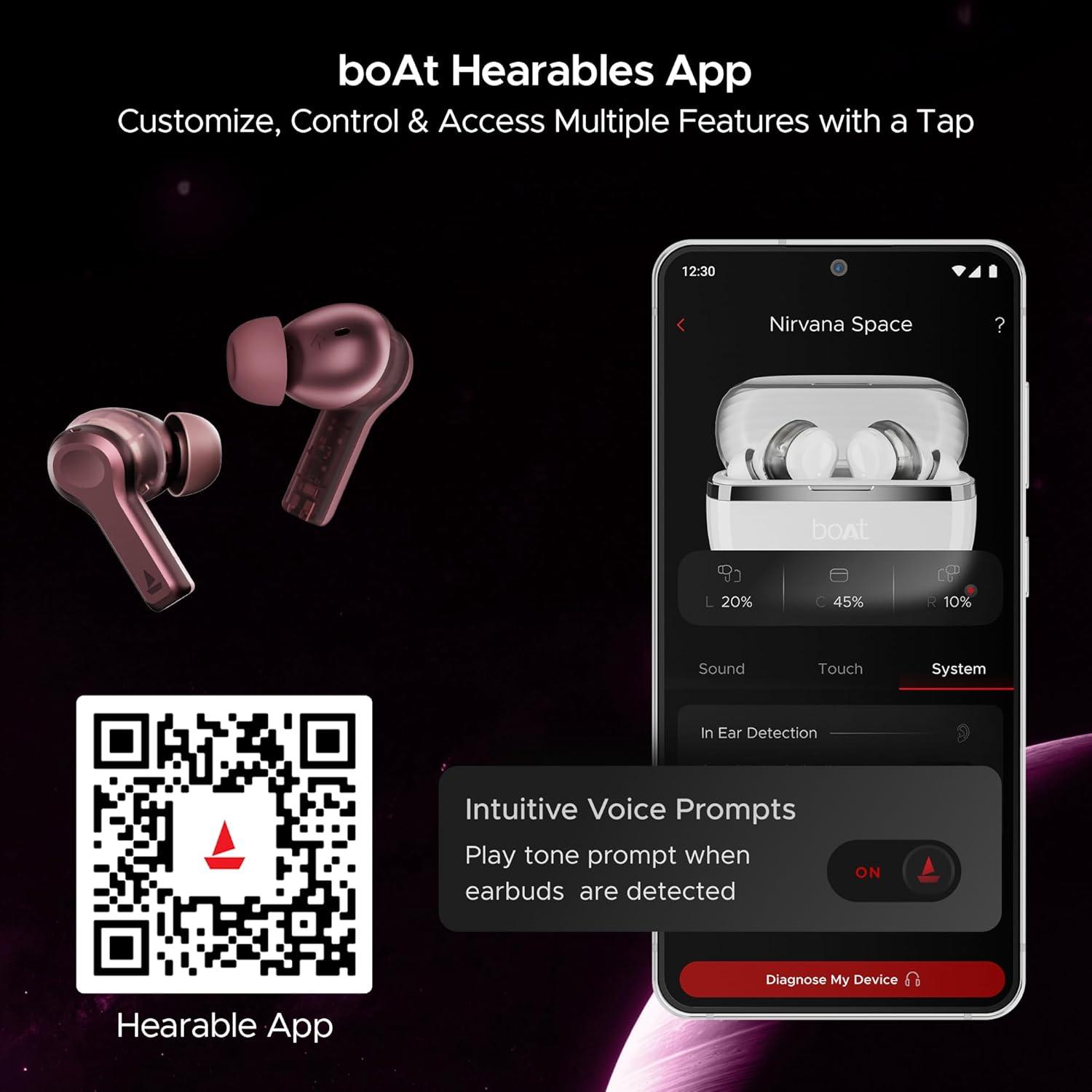 boAt Nirvana Space Truly Wireless in-Ear Earbuds w/ 360º Spatial Audio, ANC (~32dB),100HRS Playback,4 Mics w/AI-ENx™,in-Ear Detection,DLC Drivers, Multipoint Connectivity Ear Buds TWS (Cosmic Black) - Nalanda Enterprises