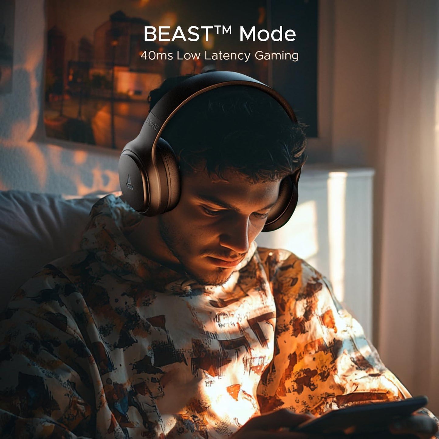 boAt Rockerz 430 w/ 40mm Drivers, Beast Mode w/ 40ms Latency, 40hrs Playback, ENx Tech, Voice Assistant, BTv5.4, Adaptive Fit & Easy Access Controls, Bluetooth Headphones(Black Sabre) - Nalanda Enterprises