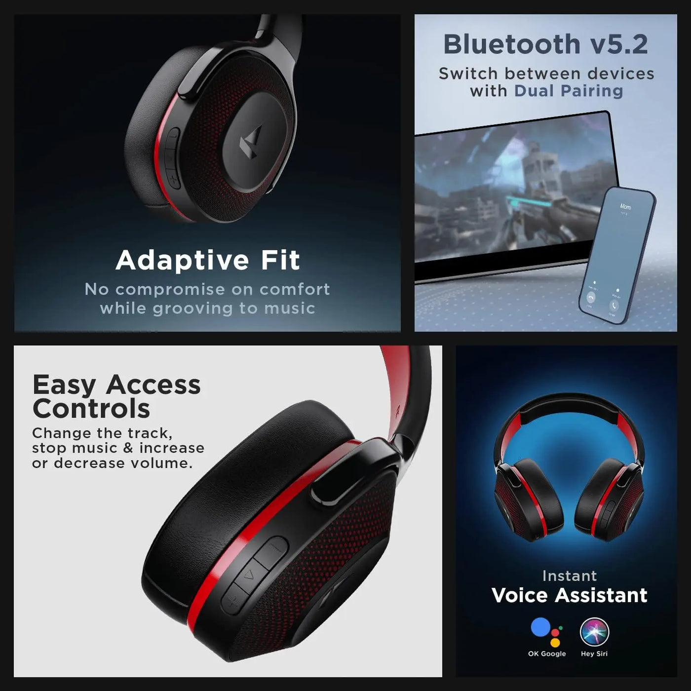 boAt Rockerz 425 Bluetooth Wireless Over Ear Headphones with Mic Signature Sound, Beast Mode for Gaming, Enx Tech, ASAP Charge, 25H Playtime, Bluetooth V5.2 (Active Black) - Nalanda Enterprises