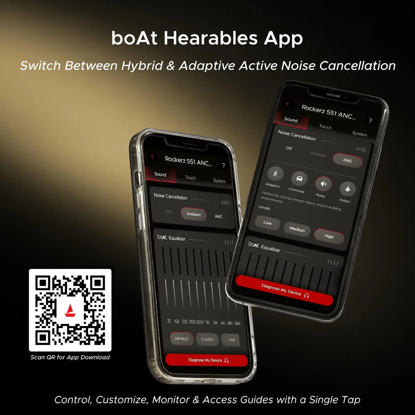 boAt Hearables app interface on two smartphones, showcasing noise cancellation and audio controls, with QR code for download, promoted by Nalanda Enterprises for corporate gifting.