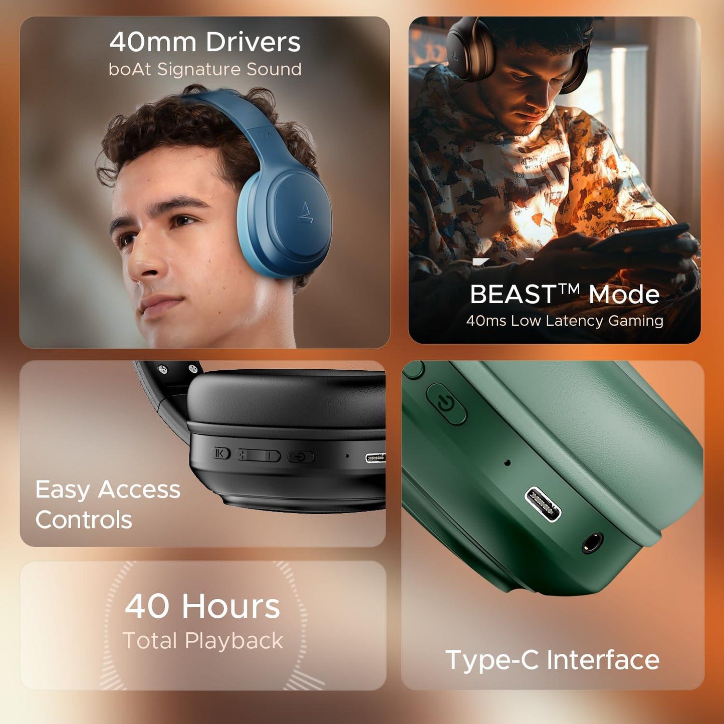 boAt Rockerz 430 w/ 40mm Drivers, Beast Mode w/ 40ms Latency, 40hrs Playback, ENx Tech, Voice Assistant, BTv5.4, Adaptive Fit & Easy Access Controls, Bluetooth Headphones(Black Sabre) - Nalanda Enterprises