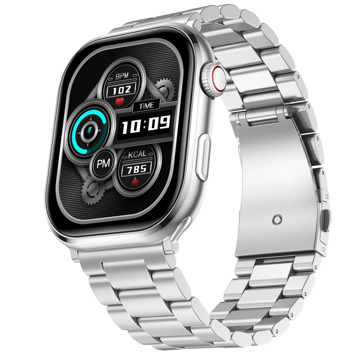 Silver smartwatch with metal strap and digital health display from Nalanda Enterprises