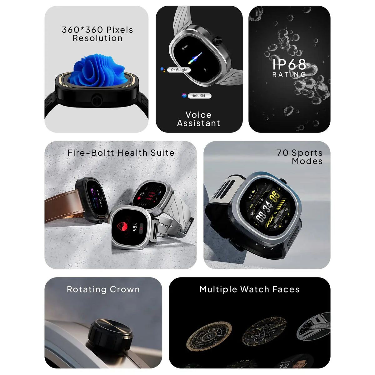 Fire-Boltt smartwatch with 360x360 display, health suite, sports modes, assistant, and watch faces, from Nalanda Enterprises.