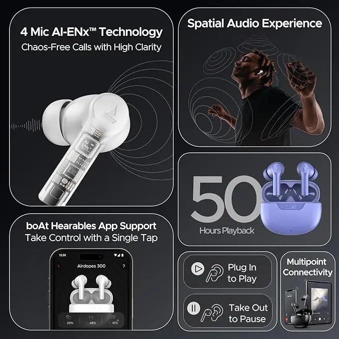 boAt Airdopes 300, Cinematic Spatial Audio, 50HRS Battery, 4Mic AI ENx, Fast Charge, App Support, Low Latency, IPX4, v5.3 Bluetooth Earbuds, TWS Ear Buds Wireless Earphones with mic - Nalanda Enterprises