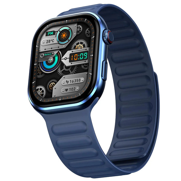 Blue smart watch with metallic case and digital display showing gears, steps, and temperature