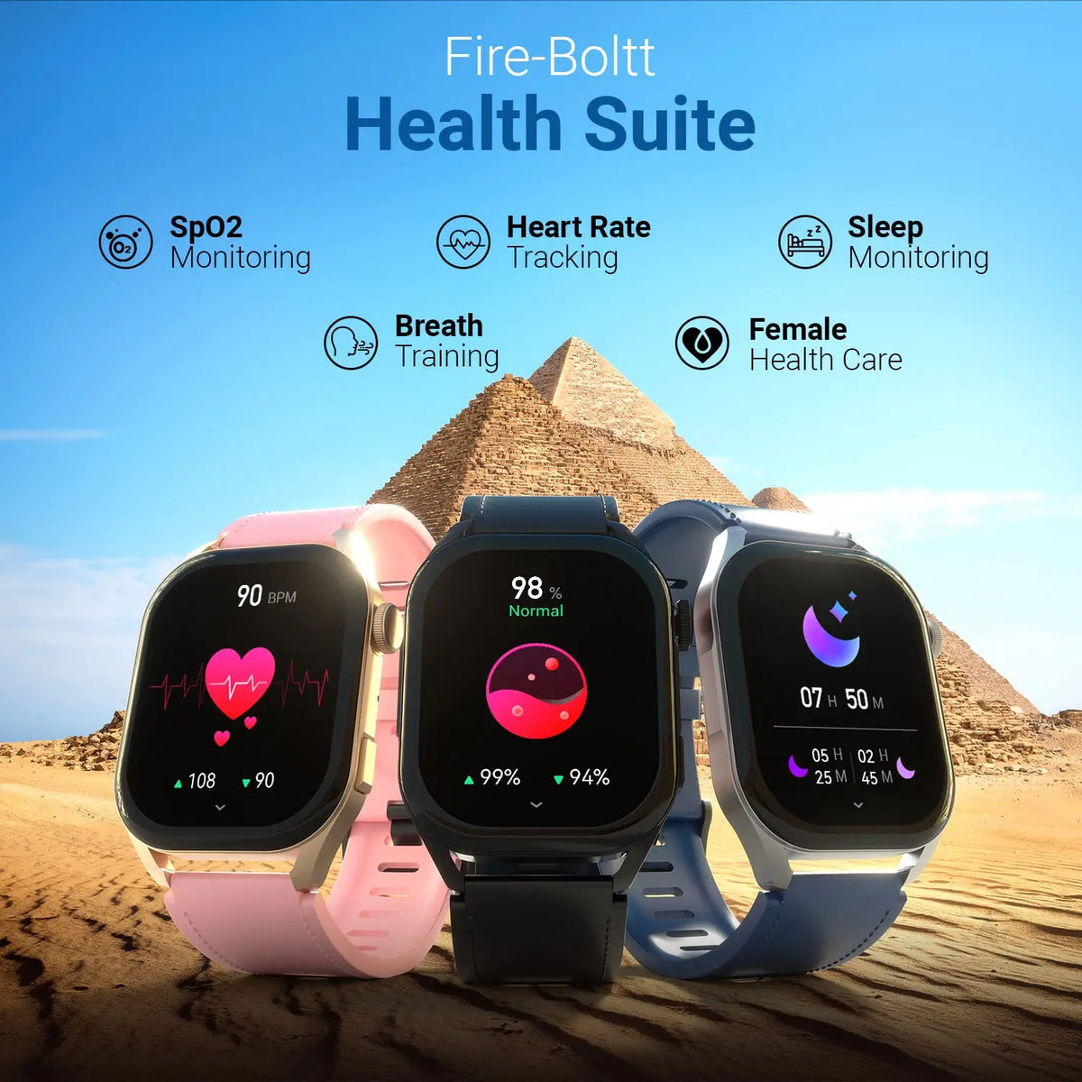 Fire-Boltt smartwatches health suite features display, with pyramids background, Nalanda Enterprises India