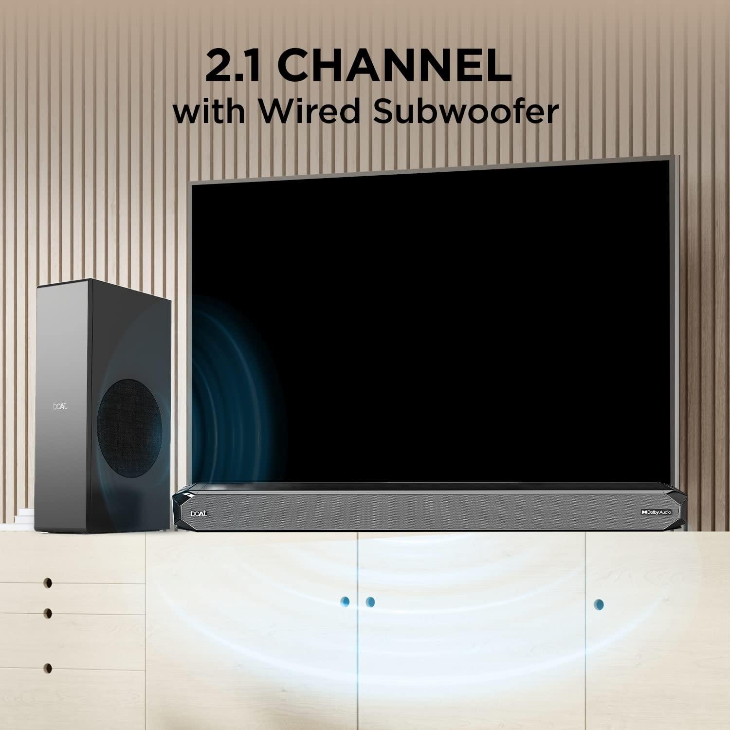 boAt Aavante Bar 1500 2.1 Channel Home Theatre Soundbar with 120W Signature Sound, Wired Subwoofer, Multiple Connectivity Modes, Entertainment EQ Modes and Sleek Finish (Black) - Nalanda Enterprises