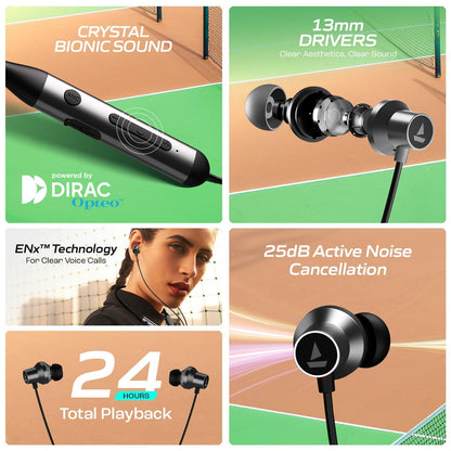 boAt Rockerz 280 ANC w/Crystal Bionic Sound Powered by Dirac Opteo, Active Noise Cancellation, 13mm Drivers, ASAP Charge, 24H Playback & ENx Tech in- Ear Bluetooth Neckband(Gunmetal Black) - Nalanda Enterprises
