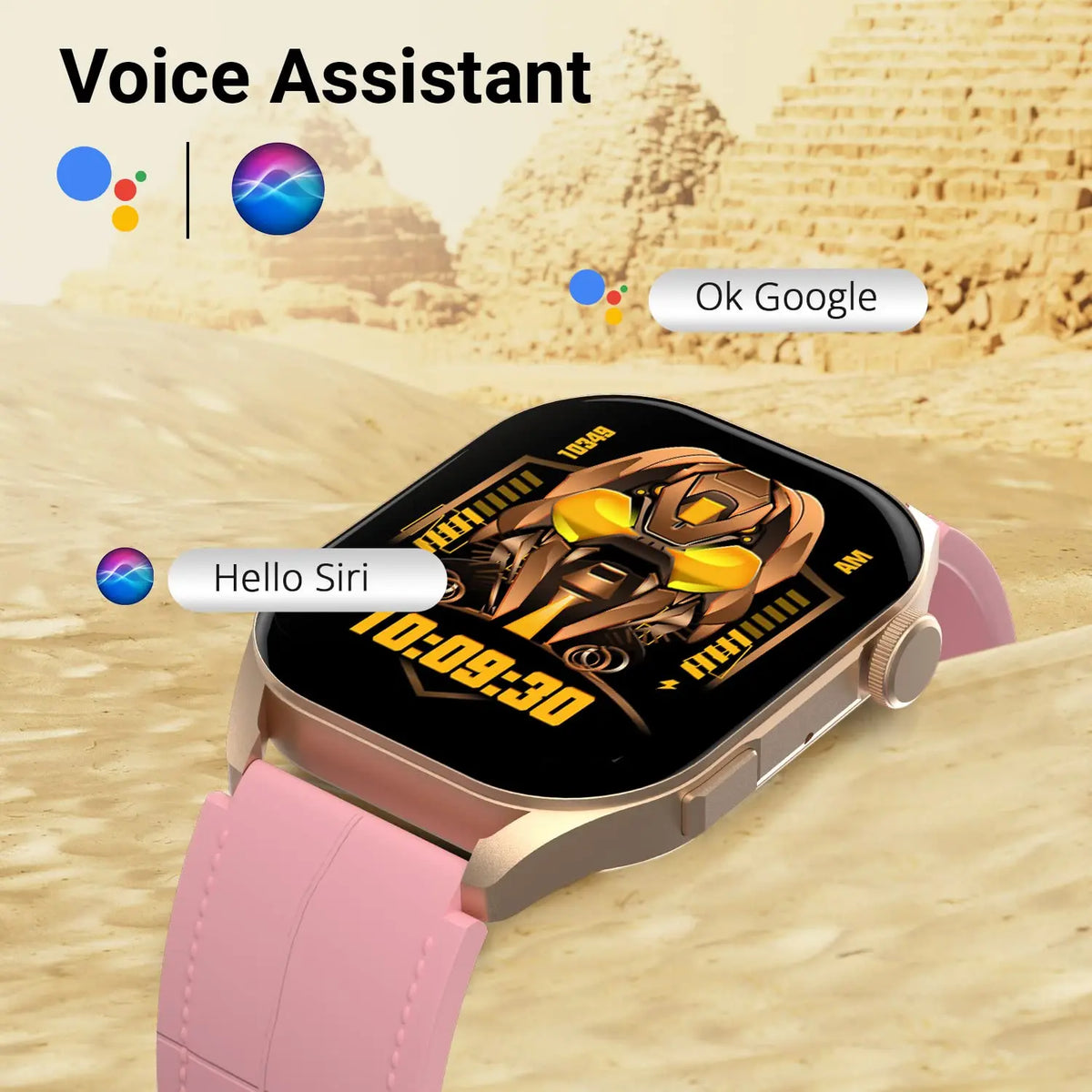 Smartwatch with pink strap, digital robot display, voice assistant icons, desert pyramid background
