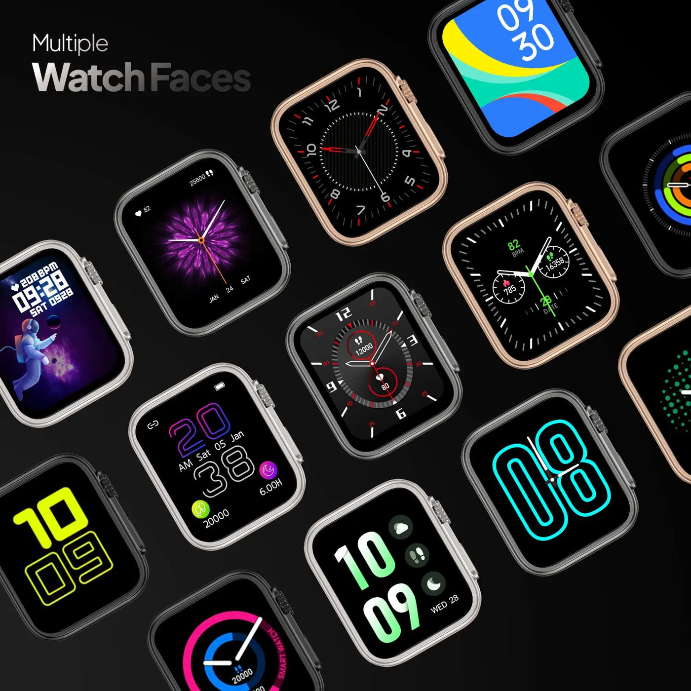 Multiple smartwatches with colorful digital and analog watch faces, Nalanda Enterprises corporate gifting