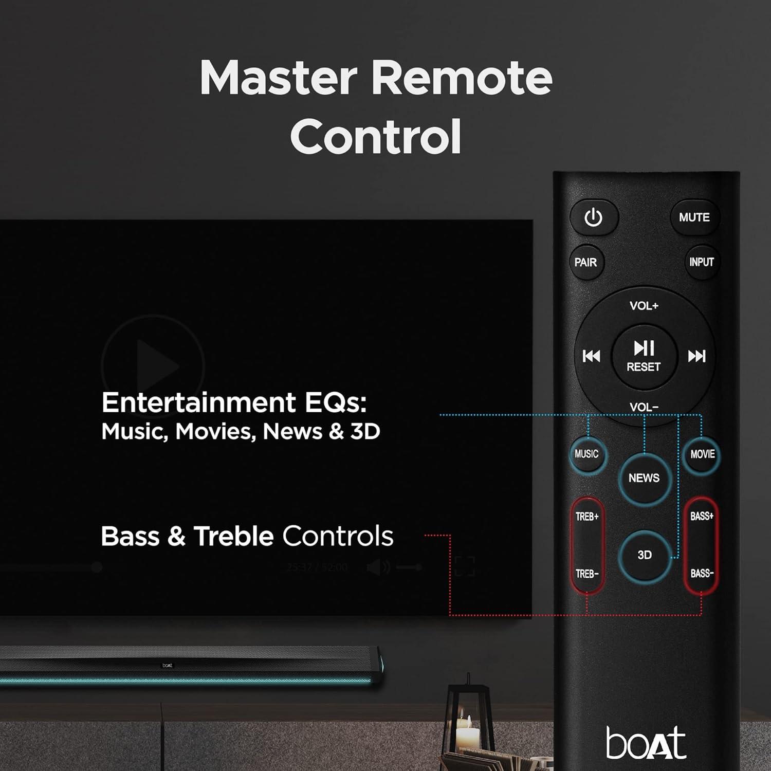 boAt Aavante Bar 1500 2.1 Channel Home Theatre Soundbar with 120W Signature Sound, Wired Subwoofer, Multiple Connectivity Modes, Entertainment EQ Modes and Sleek Finish (Black) - Nalanda Enterprises