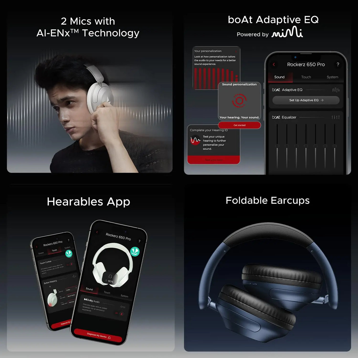 boAt Rockerz 650 Pro headphones with AI-ENx mics, adaptive EQ, foldable earcups, Hearables app, Nalanda Enterprises.
