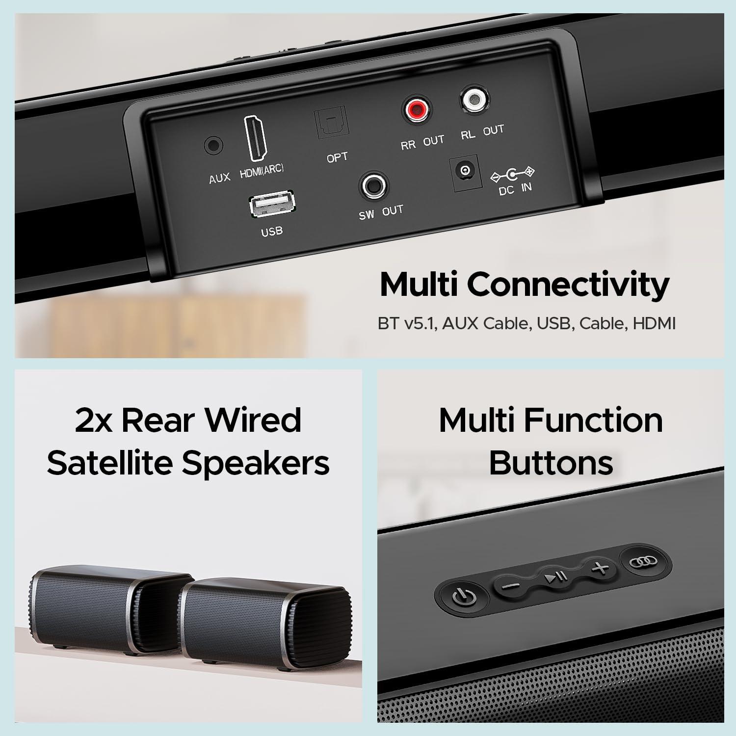 boAt Aavante Bar 1500 2.1 Channel Home Theatre Soundbar with 120W Signature Sound, Wired Subwoofer, Multiple Connectivity Modes, Entertainment EQ Modes and Sleek Finish (Black) - Nalanda Enterprises