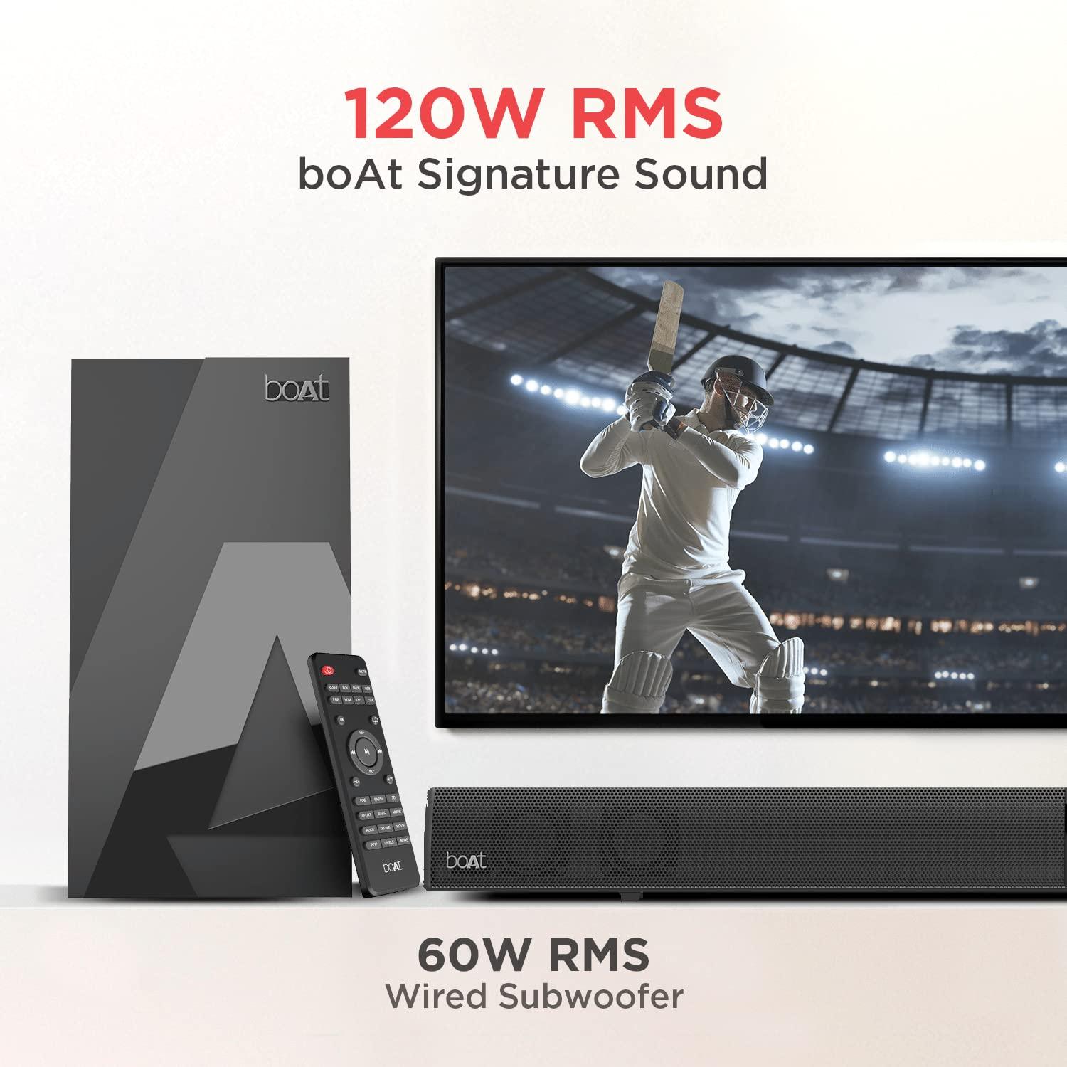 boAt AAVANTE Bar 1800 120W 2.1 Channel Bluetooth Soundbar Signature Sound, Wireless Subwoofer, Multiple Connectivity Modes, Entertainment Modes(Premium Black) - Nalanda Enterprises