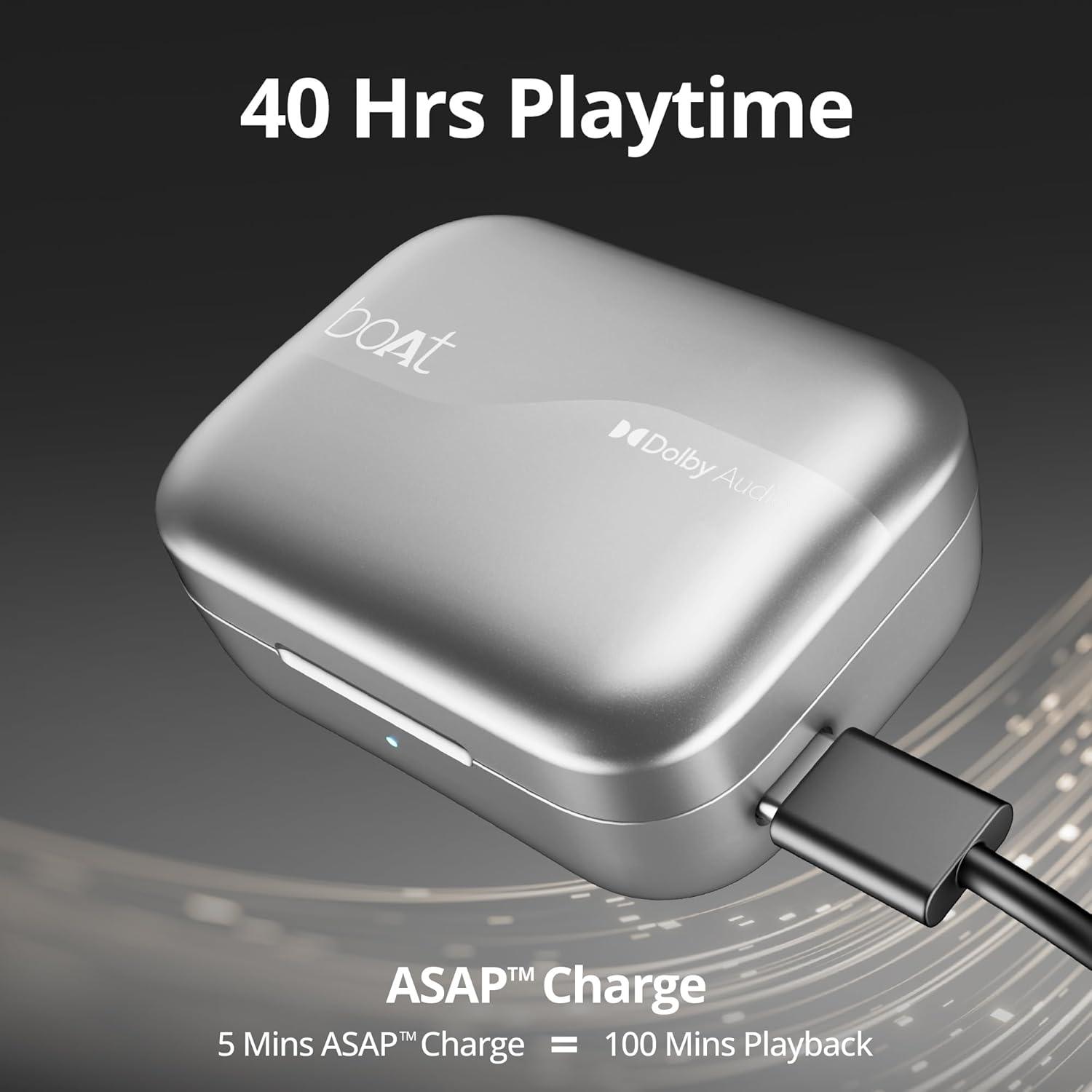 boAt Airdopes 800 True Wireless in Ear Ear Buds w/Dolby Audio, Adaptive EQ by Mimi, 40 Hours Playback, 4 Mics w/AI-ENx™, in-Ear Detection & Hearables App Support - Nalanda Enterprises