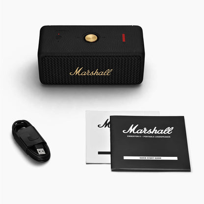 Marshall Emberton II Compact Portable Bluetooth Speaker with 30+ Hours of Playtime, (360° Sound), Dust & Waterproof (IP67) Black & Brass. - Nalanda Enterprises