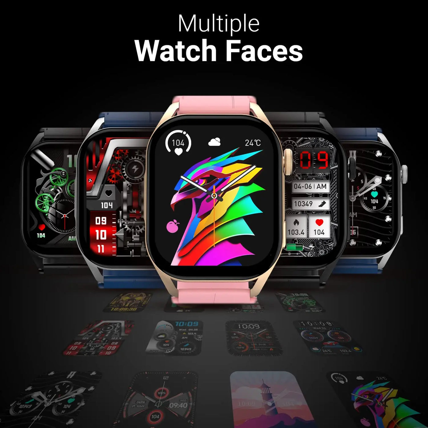 Multiple smartwatches displaying diverse watch faces, showcased for Nalanda Enterprises corporate gifting and wholesale.