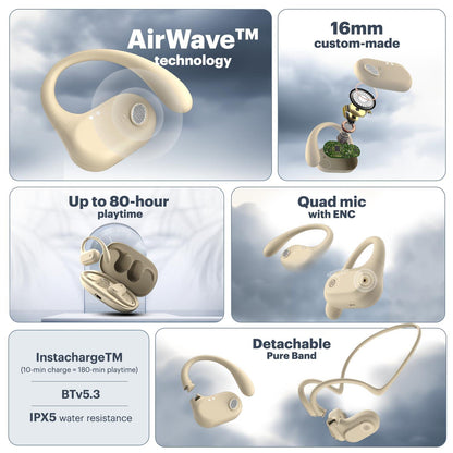 Noise Pure Pods Wireless Open Ear Earbuds with AirWave™ Technology,Up-to 80H Playtime,Quad Mic with ENC,16mm Neodymium Dynamic Driver,Detachable Pure Band,BTv5.3 (Power Black) - Nalanda Enterprises