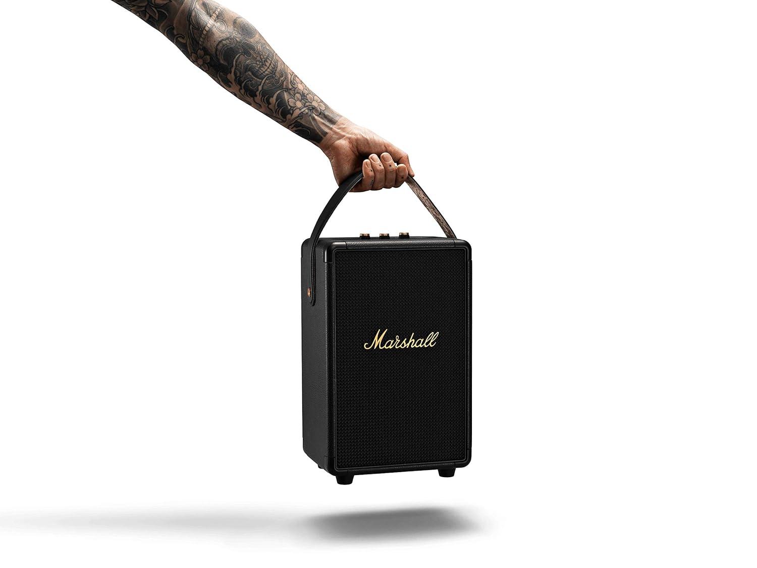 Marshall Tufton Portable Bluetooth Speaker with 20+ Hours of Portable Playtime, (360° Sound), Water-Resistant (IPX2) - Black & Brass. - Nalanda Enterprises