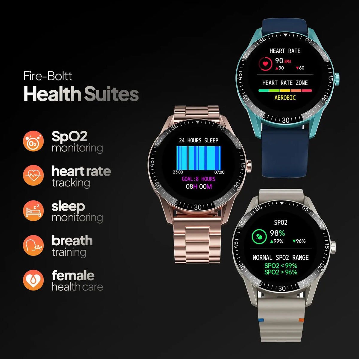 Fire-Boltt smartwatches with health tracking features like SpO2, heart rate, sleep monitoring, available at Nalanda Enterprises.