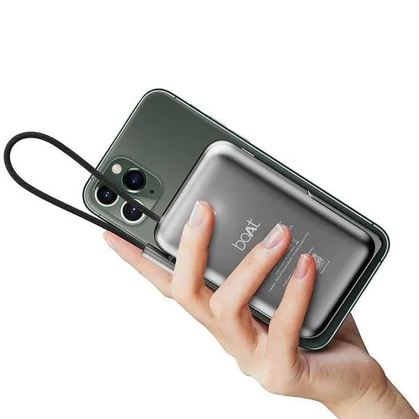 boAt Energyshroom PB330 MagnaCharge 10000 mAh Magnetic Wireless Power Bank w/ 15W Wireless Charging, Metal Stand,Magnacharge Ring for iPhone and Android Phones w/Wireless Charge(Black) - Nalanda Enterprises