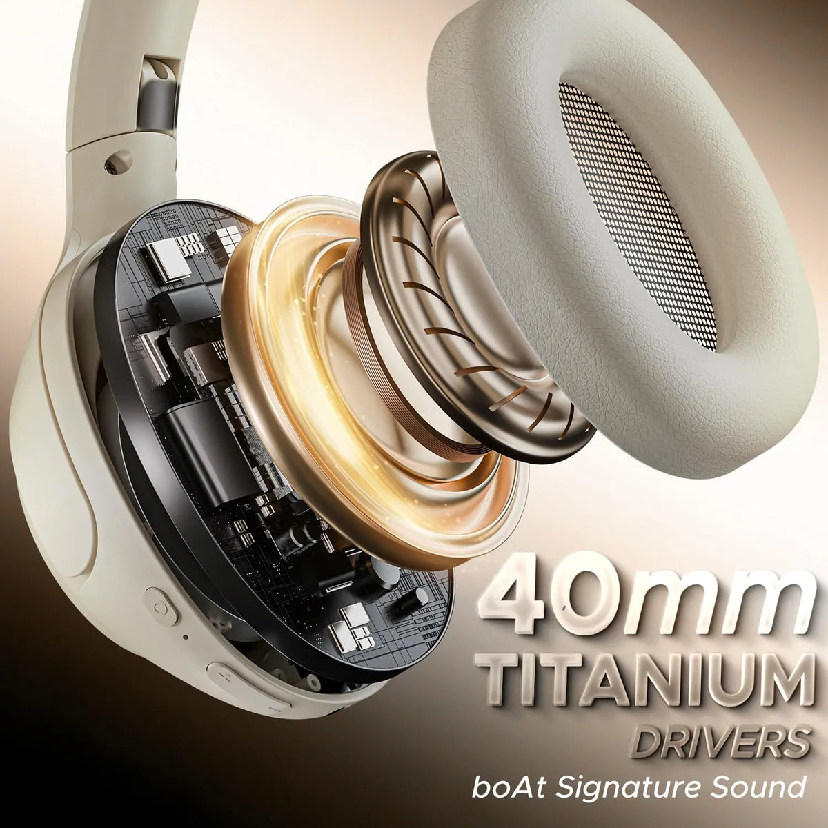 Close-up of boAt headphone with 40mm titanium drivers, circuitry, and ear pad details.