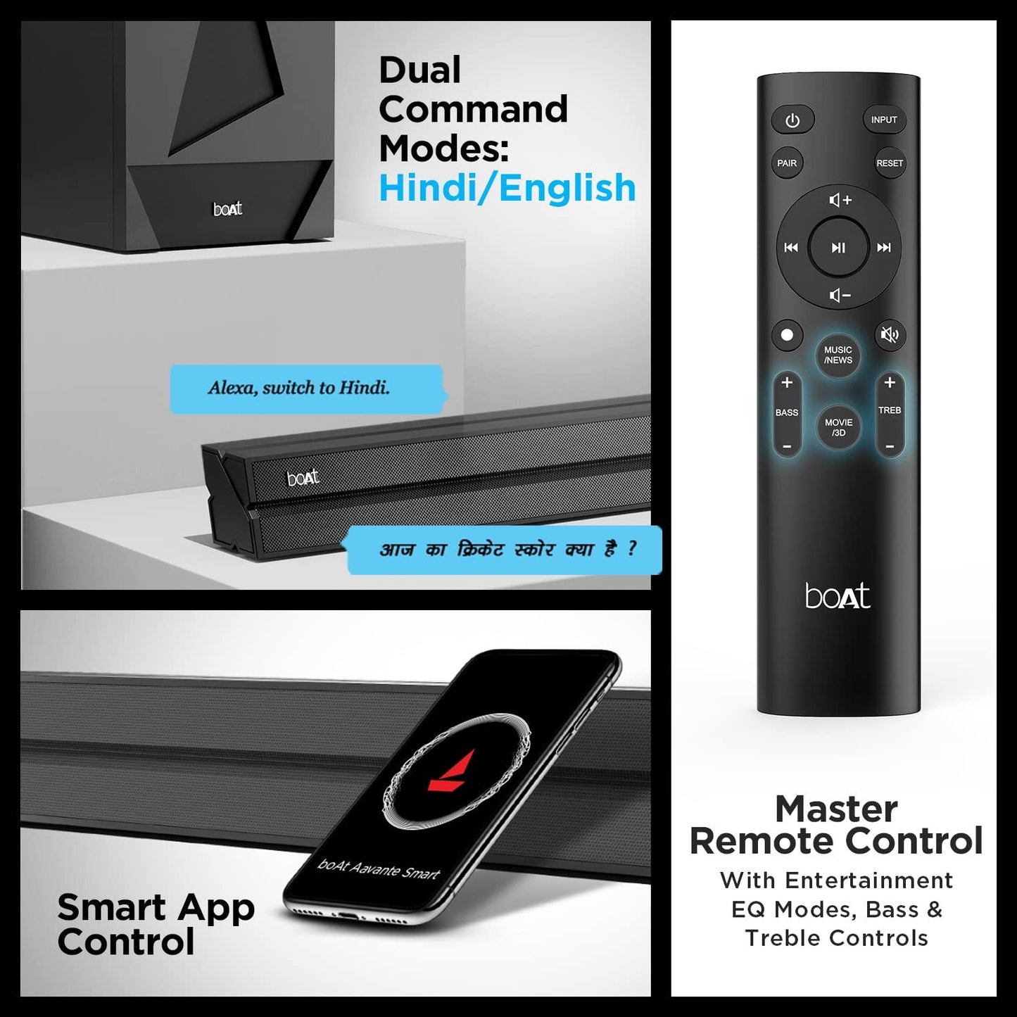 boAt Aavante Bar 1500 2.1 Channel Home Theatre Soundbar with 120W Signature Sound, Wired Subwoofer, Multiple Connectivity Modes, Entertainment EQ Modes and Sleek Finish (Black) - Nalanda Enterprises