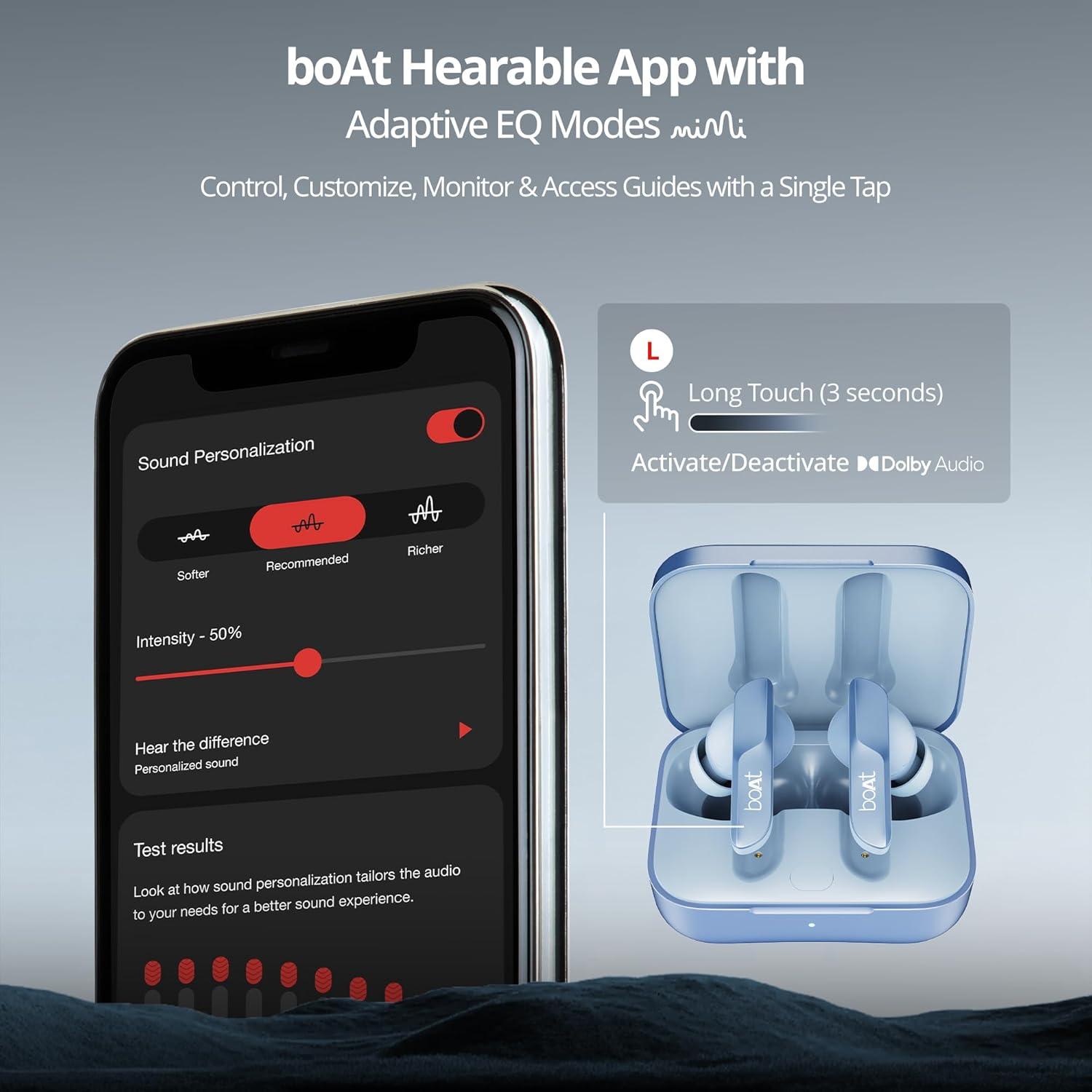boAt Airdopes 800 True Wireless in Ear Ear Buds w/Dolby Audio, Adaptive EQ by Mimi, 40 Hours Playback, 4 Mics w/AI-ENx™, in-Ear Detection & Hearables App Support - Nalanda Enterprises