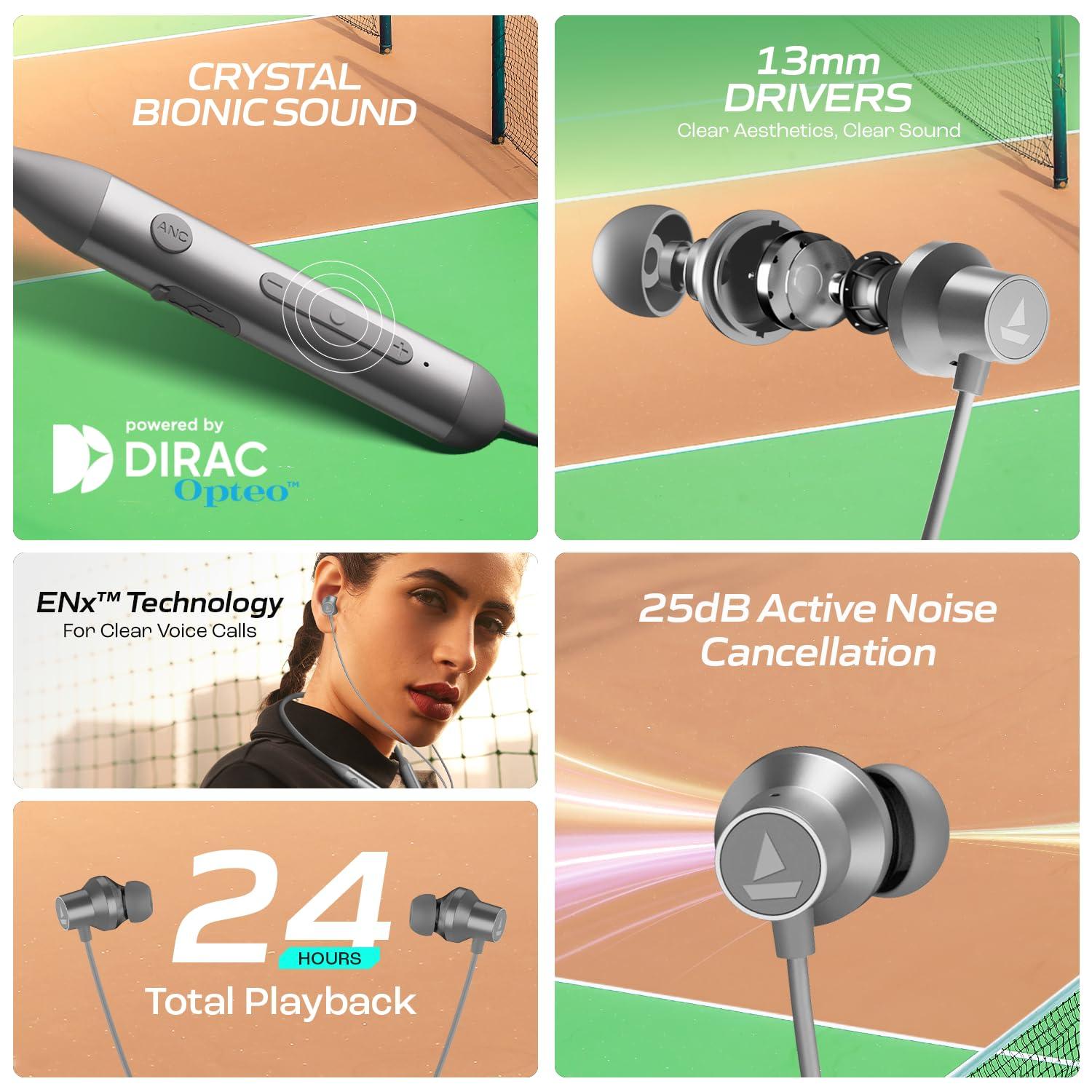boAt Rockerz 280 ANC w/Crystal Bionic Sound Powered by Dirac Opteo, Active Noise Cancellation, 13mm Drivers, ASAP Charge, 24H Playback & ENx Tech in- Ear Bluetooth Neckband(Gunmetal Black) - Nalanda Enterprises