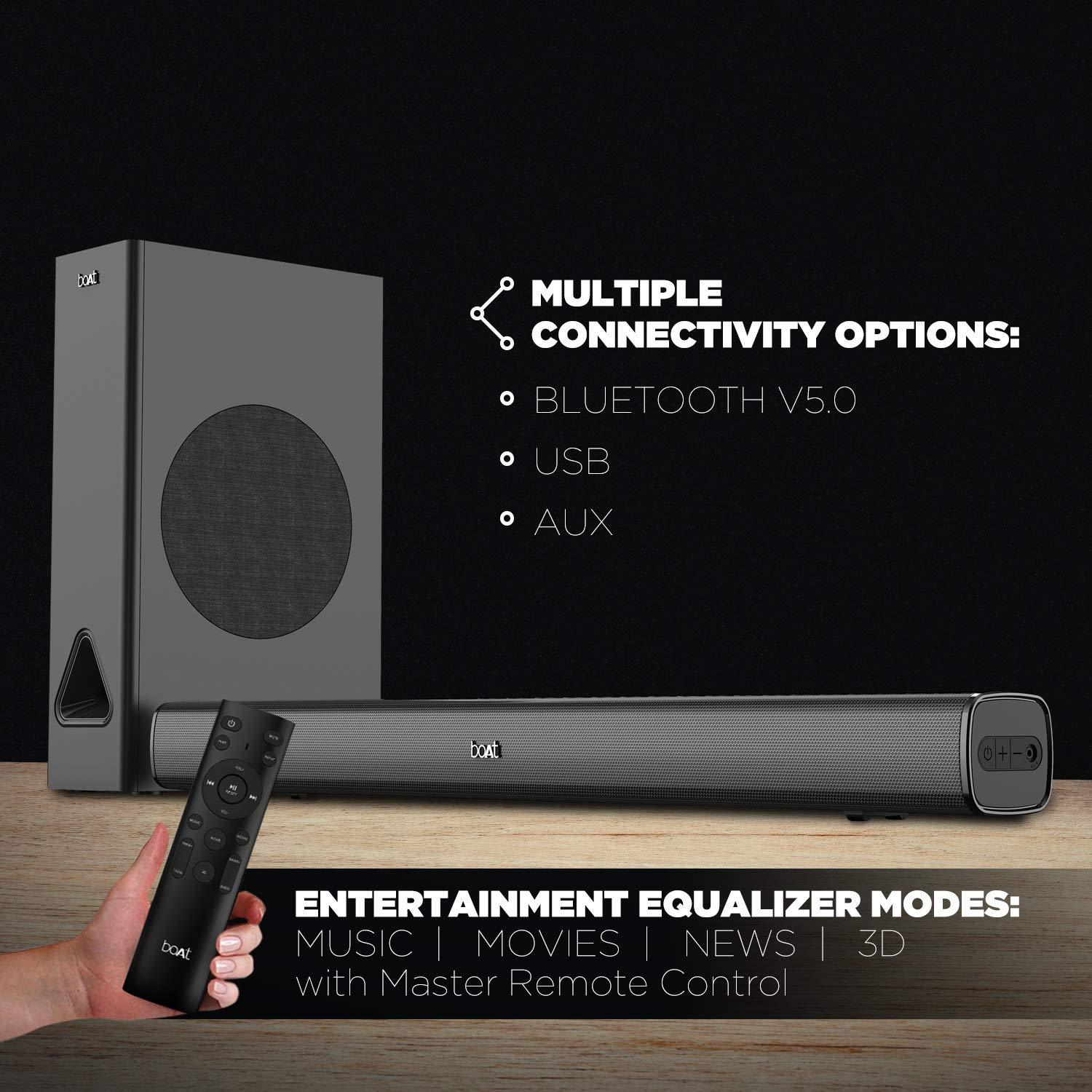 boAt Aavante Bar 1500 2.1 Channel Home Theatre Soundbar with 120W Signature Sound, Wired Subwoofer, Multiple Connectivity Modes, Entertainment EQ Modes and Sleek Finish (Black) - Nalanda Enterprises
