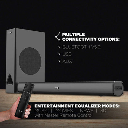 boAt Aavante Bar 1500 2.1 Channel Home Theatre Soundbar with 120W Signature Sound, Wired Subwoofer, Multiple Connectivity Modes, Entertainment EQ Modes and Sleek Finish (Black) - Nalanda Enterprises