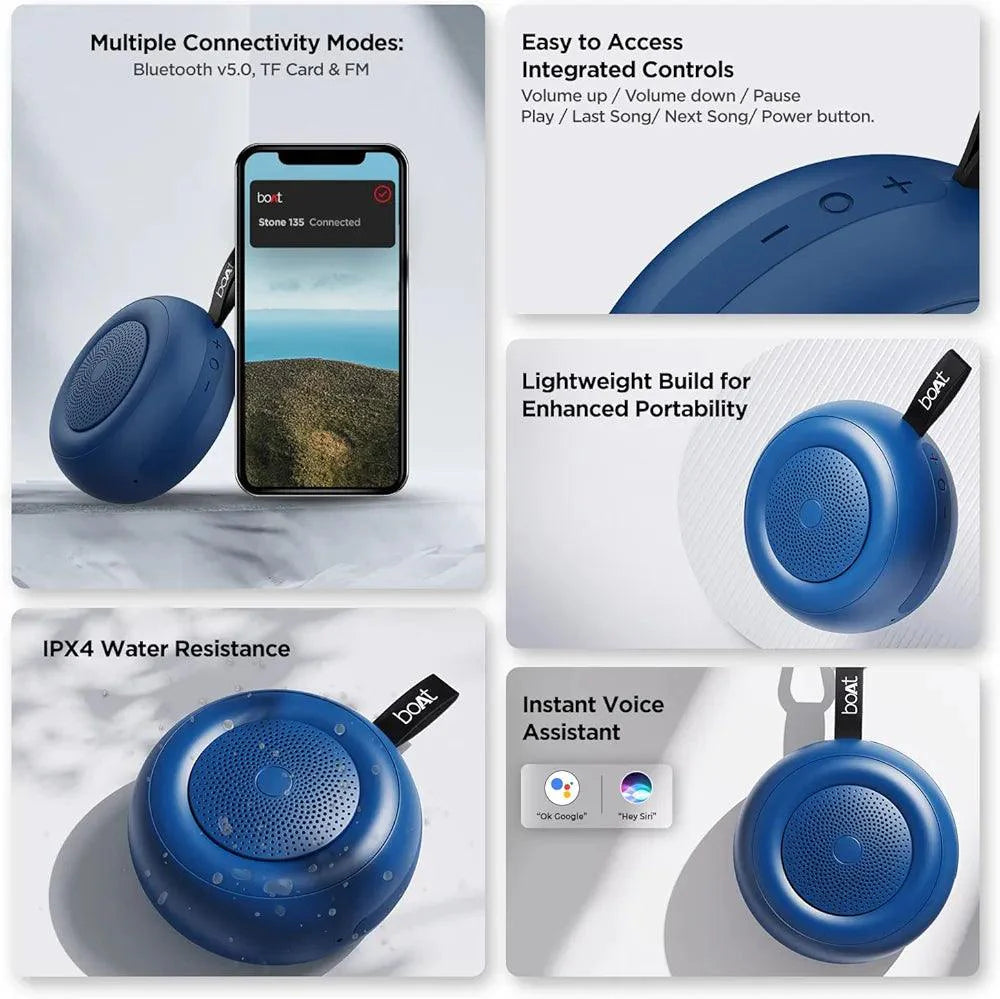 boAt Stone 135 Portable Wireless Speaker with 5W RMS Immersive Sound,IPX4 Water Resistance, True Wireless Feature, Up to 11H Total Playtime, Multi-Connectivity Modes with Type C Charging - Nalanda Enterprises