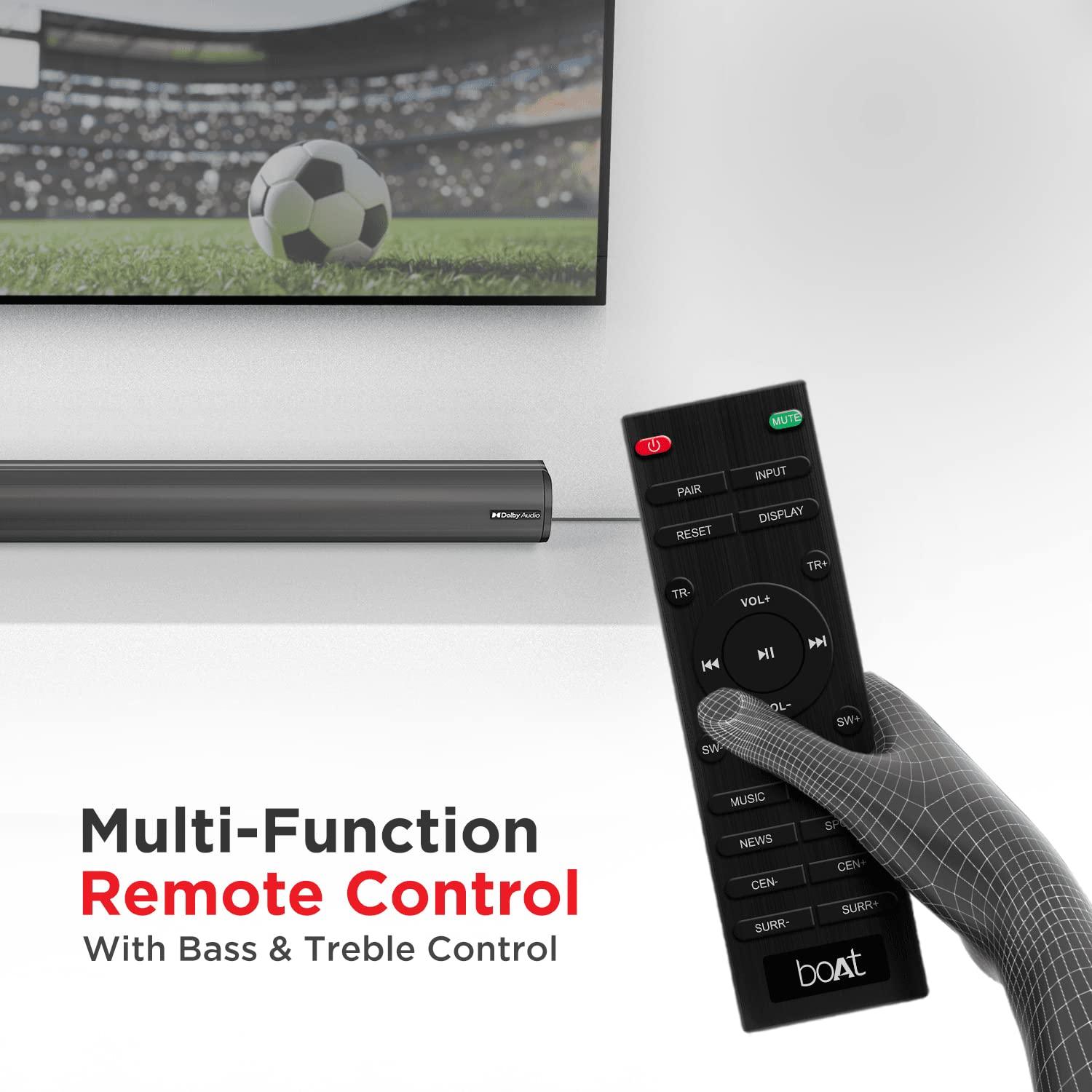 boAt Aavante Bar 1500 2.1 Channel Home Theatre Soundbar with 120W Signature Sound, Wired Subwoofer, Multiple Connectivity Modes, Entertainment EQ Modes and Sleek Finish (Black) - Nalanda Enterprises