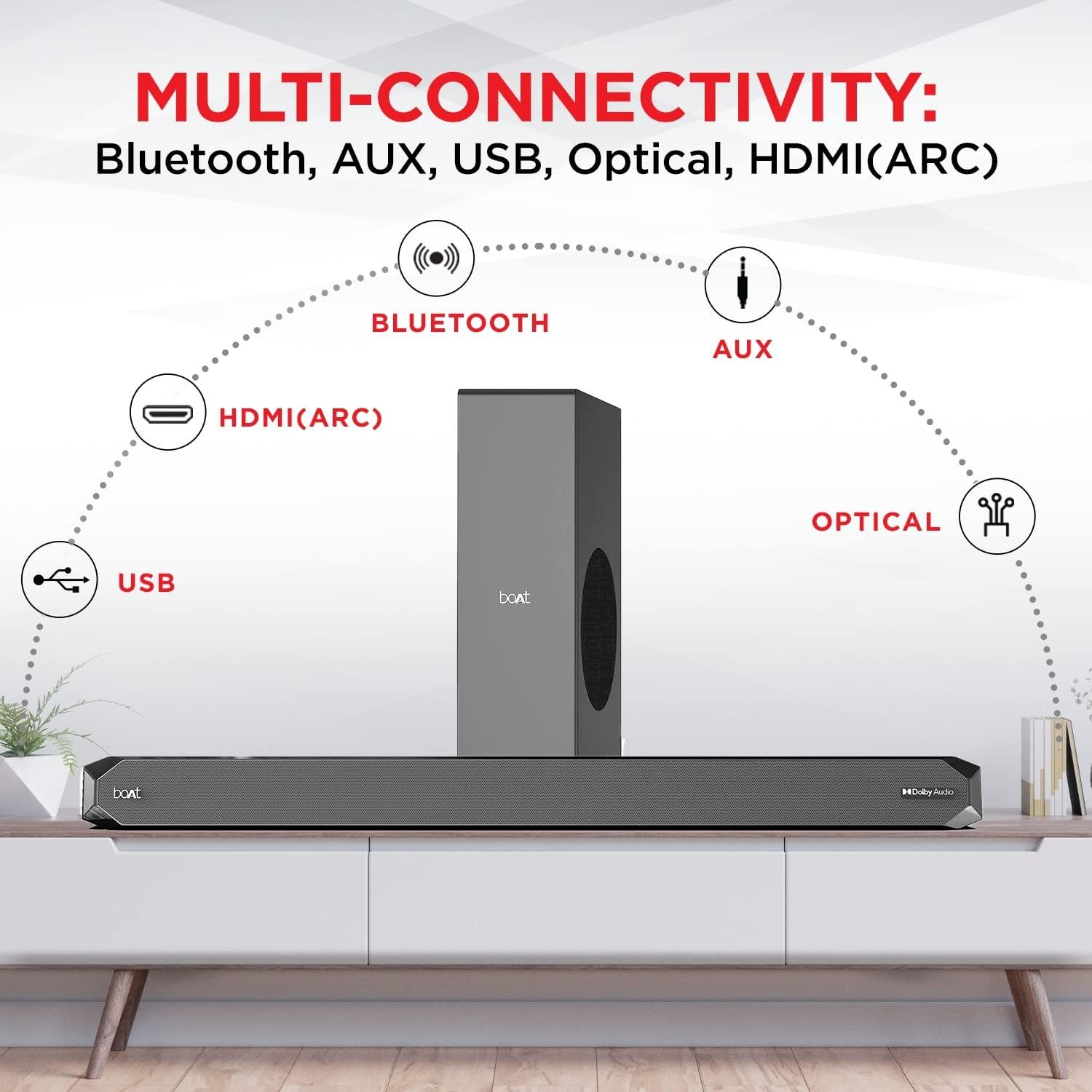 boAt Aavante Bar 1500 2.1 Channel Home Theatre Soundbar with 120W Signature Sound, Wired Subwoofer, Multiple Connectivity Modes, Entertainment EQ Modes and Sleek Finish (Black) - Nalanda Enterprises