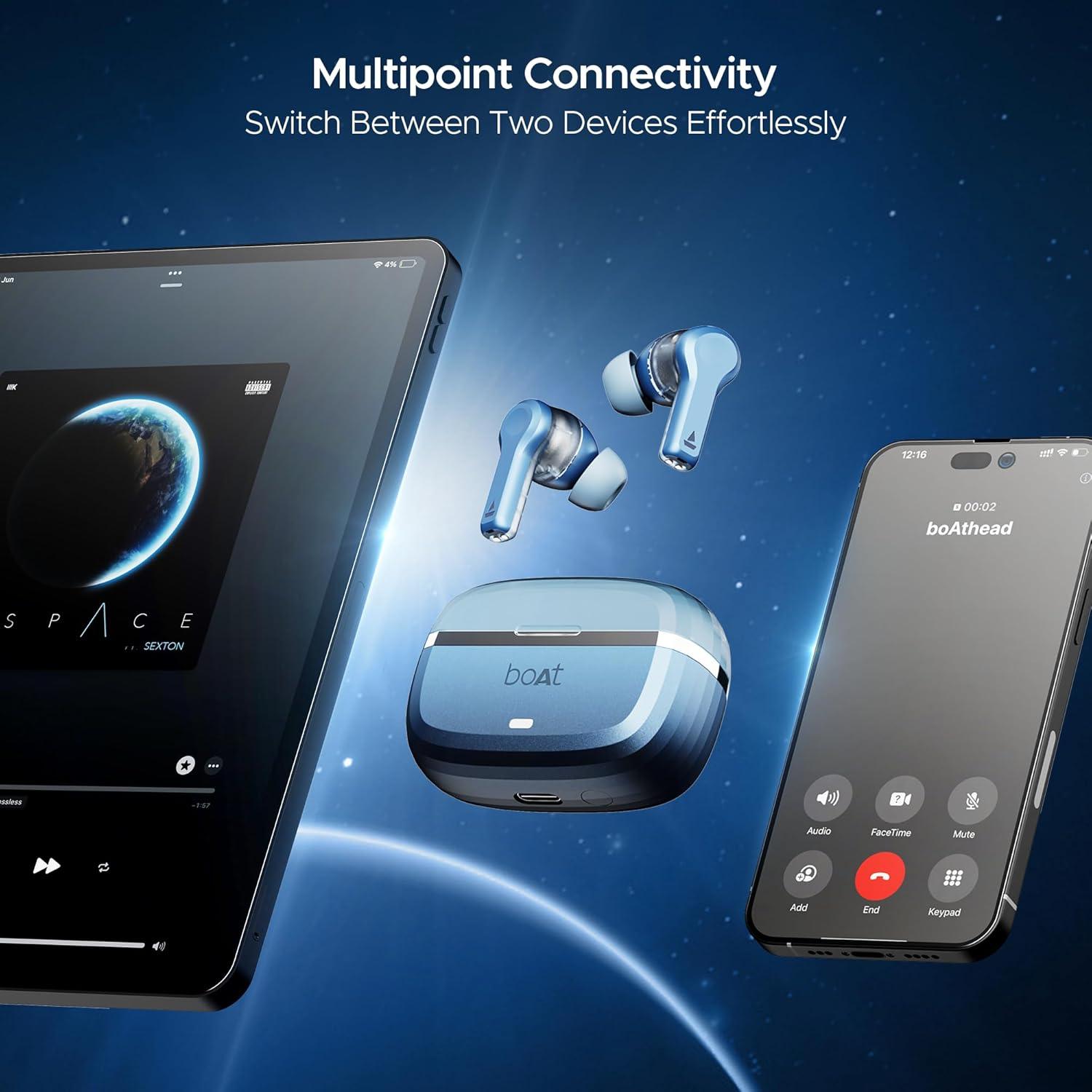 boAt Nirvana Space Truly Wireless in-Ear Earbuds w/ 360º Spatial Audio, ANC (~32dB),100HRS Playback,4 Mics w/AI-ENx™,in-Ear Detection,DLC Drivers, Multipoint Connectivity Ear Buds TWS (Cosmic Black) - Nalanda Enterprises