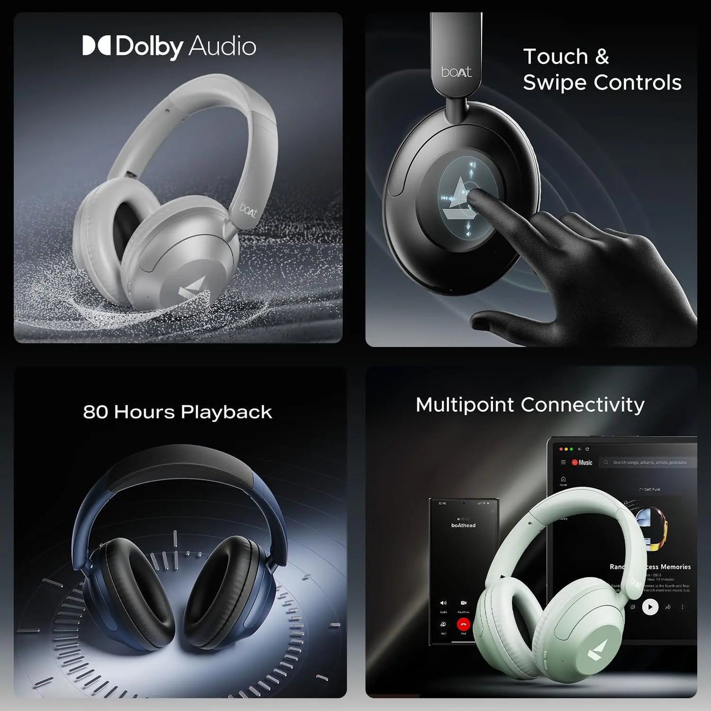 Boat wireless headphones with Dolby Audio, touch controls, 80 hours playback, multipoint connectivity, featured by Nalanda Enterprises in India.