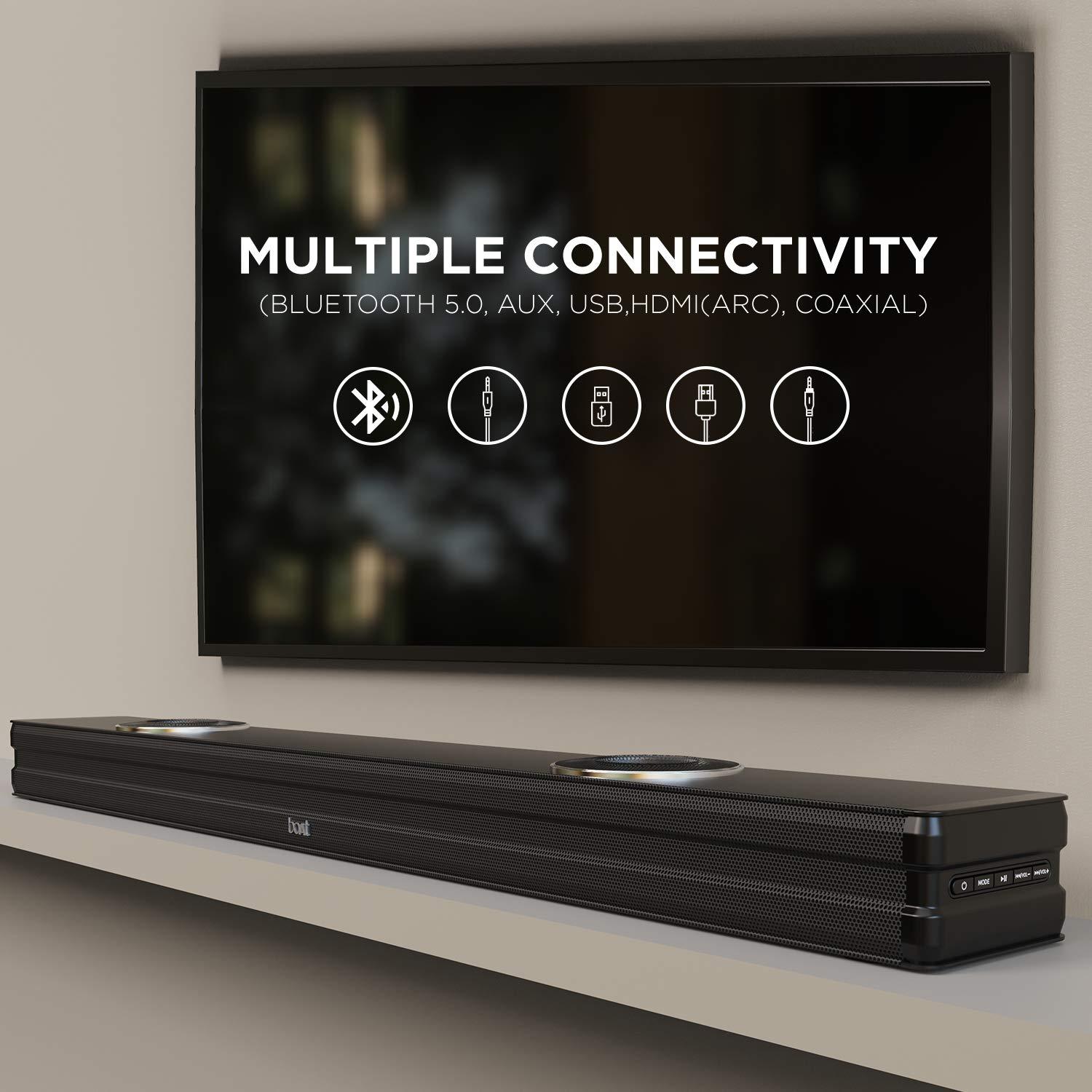 boAt Aavante Bar 1500 2.1 Channel Home Theatre Soundbar with 120W Signature Sound, Wired Subwoofer, Multiple Connectivity Modes, Entertainment EQ Modes and Sleek Finish (Black) - Nalanda Enterprises
