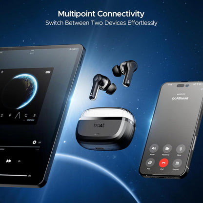 boAt Nirvana Space Truly Wireless in-Ear Earbuds w/ 360º Spatial Audio, ANC (~32dB),100HRS Playback,4 Mics w/AI-ENx™,in-Ear Detection,DLC Drivers, Multipoint Connectivity Ear Buds TWS (Cosmic Black) - Nalanda Enterprises