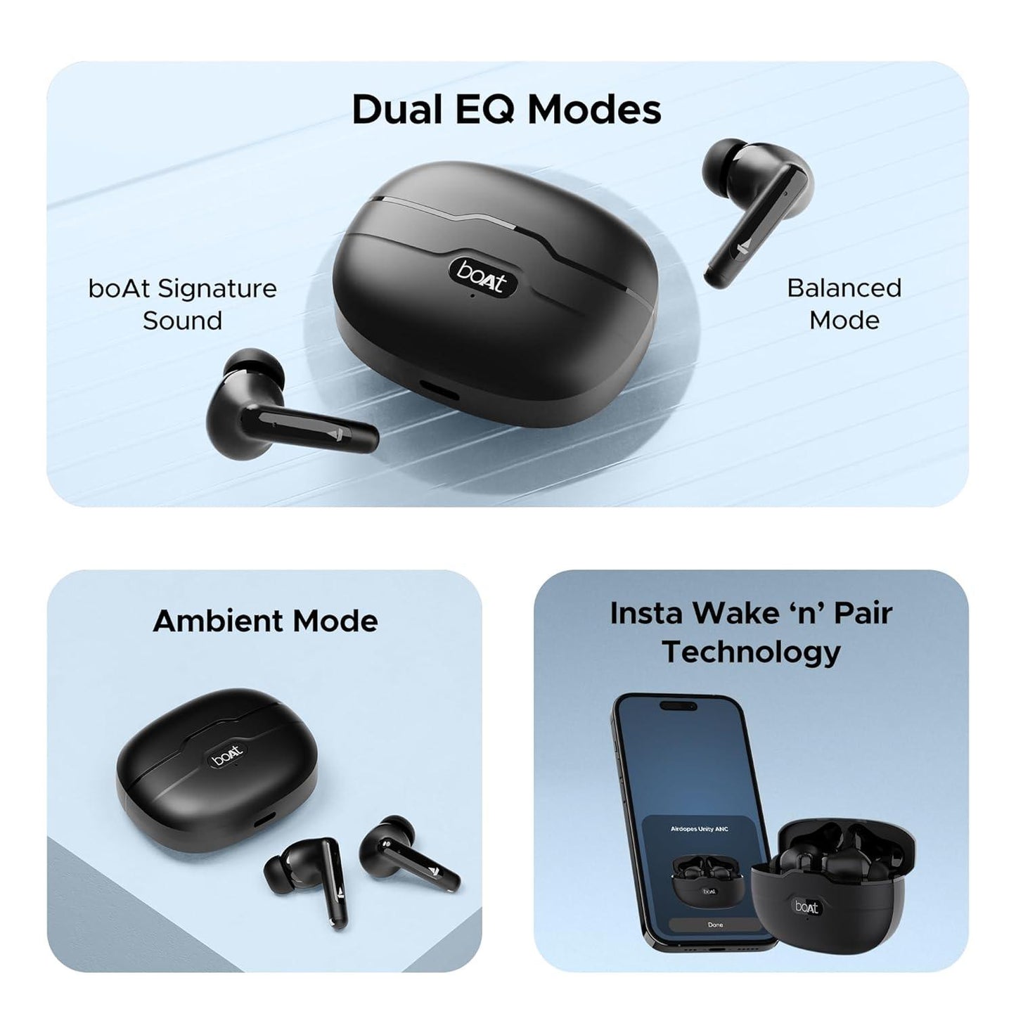 boAt Airdopes Unity ANC TWS in Ear Earbuds with Up to 50 Hours Total Playback, ANC Upto 32 dB, Dual Mics with ENx Tech, IPX5 Rating, IWP Tech and ASAP Charge(Black) - Nalanda Enterprises