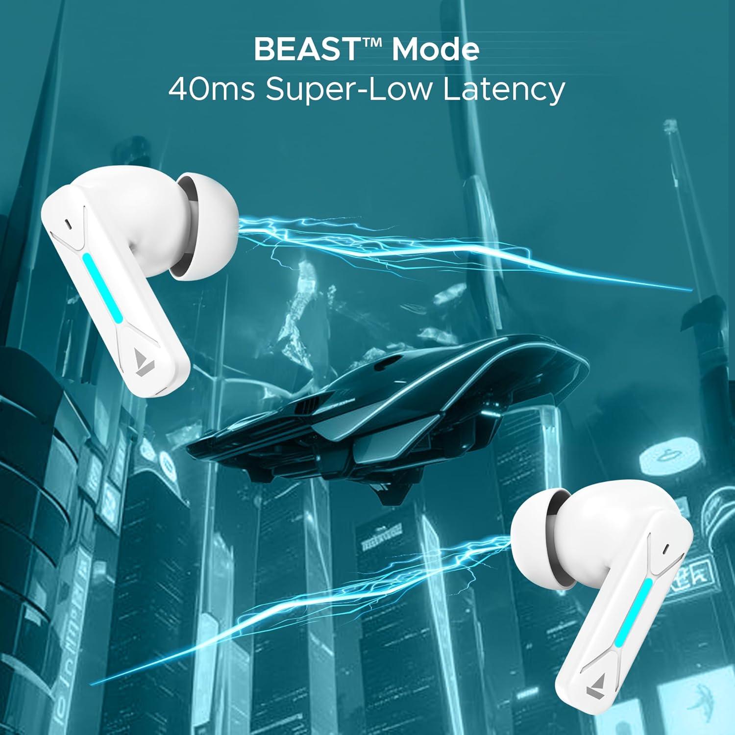boAt Immortal Airspeed Pro Truly Wireless in- Ear Earbuds w/ 32dB ANC, Beast™ Mode with 40ms Latency, 40hrs Playback, 4 Mics with ENx™, Premium ID w/LEDs & ASAP™ Charge(White Sabre) - Nalanda Enterprises