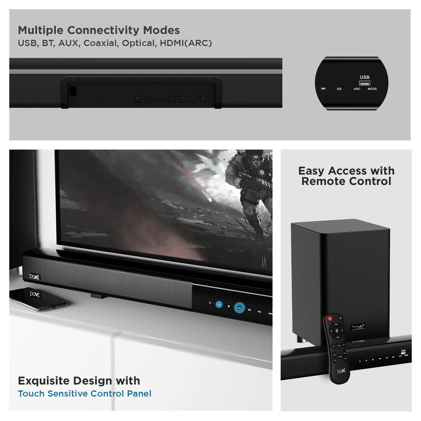 boAt Aavante Bar 1500 2.1 Channel Home Theatre Soundbar with 120W Signature Sound, Wired Subwoofer, Multiple Connectivity Modes, Entertainment EQ Modes and Sleek Finish (Black) - Nalanda Enterprises